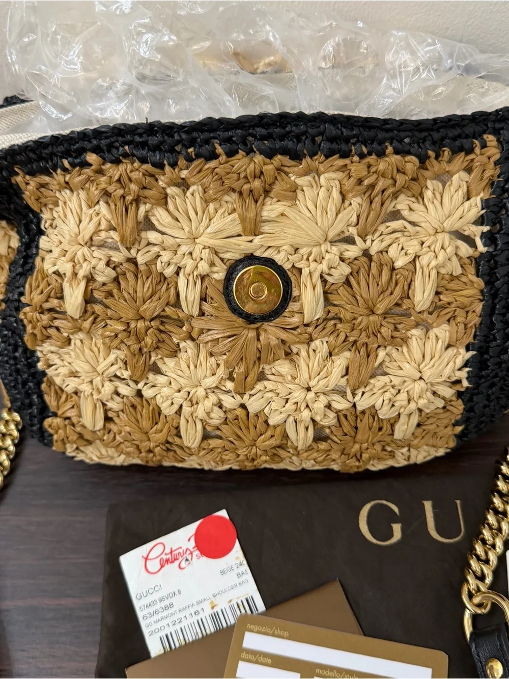 Gucci GG Marmont Raffia Daisy Floral Mini Shoulder Bag Crossbody Beige Black - Picture 3 of 16